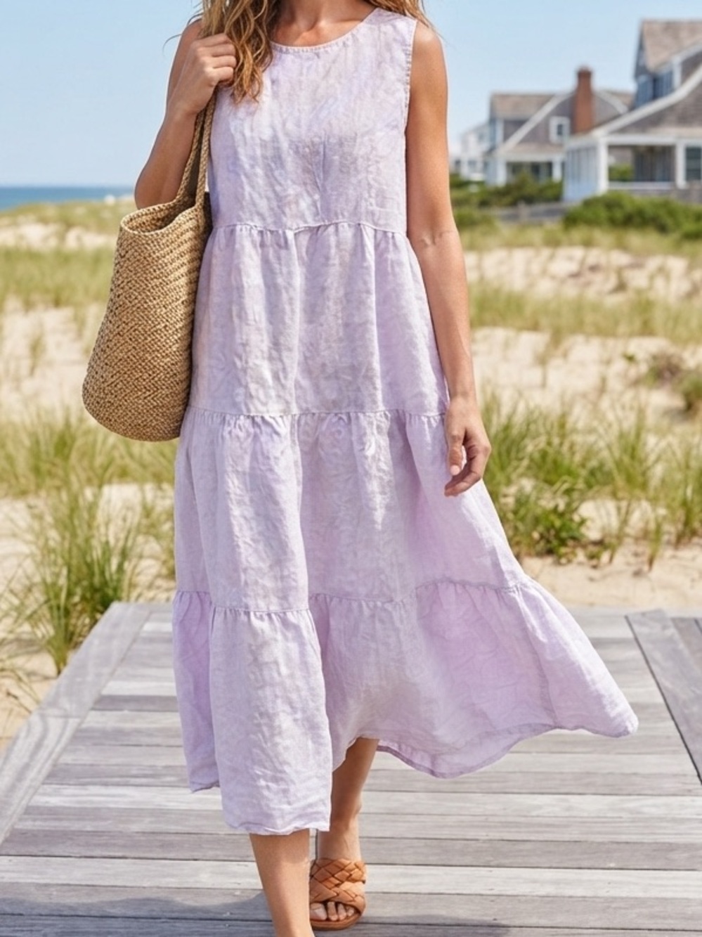 Vikolino 100% European Washed Linen Tiered Midi Dress M Lavender Prairie Beachey